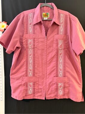 Haband Pink Short-Sleeve Embroidered Guayabera-Style Shirt